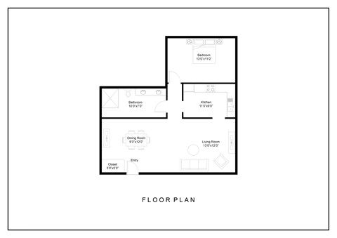 Floor plan for 1 bed, 1 bath, 750 sqft